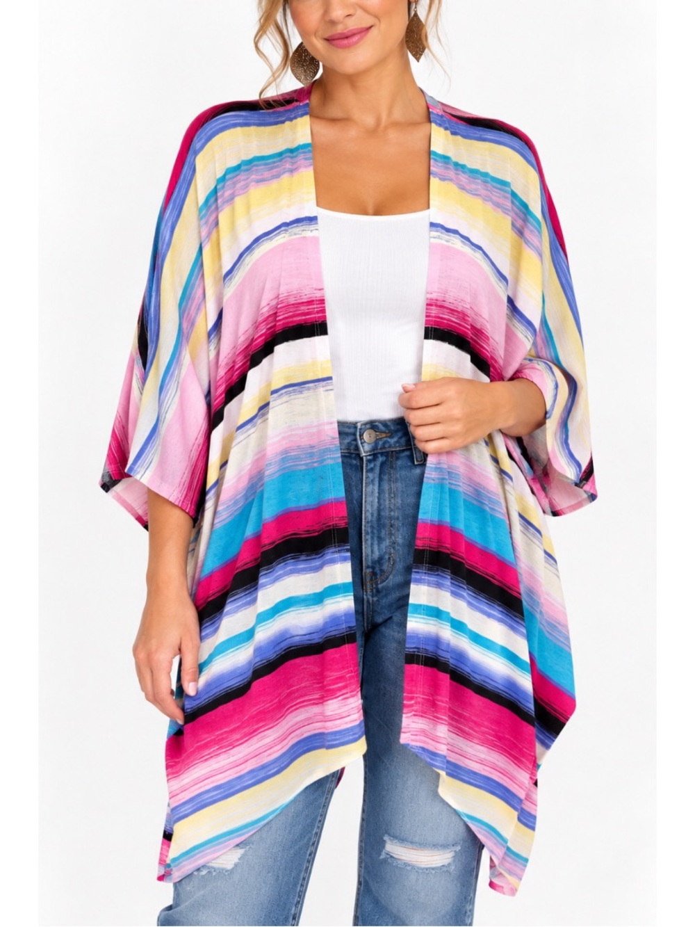 Lime & Chili Multicolor Striped Boho Kimono Shawl- Large